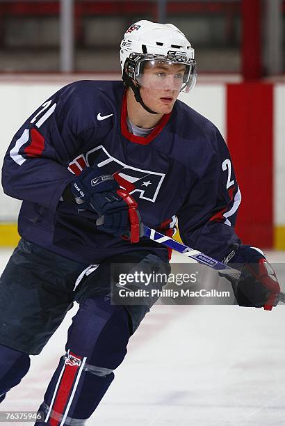 James vanRiemsdyk of Team USA Blue skates against Team Sweden during an exhibition game on August 8, 2007 at the 1980 Rink Herb Brooks Arena in Lake...