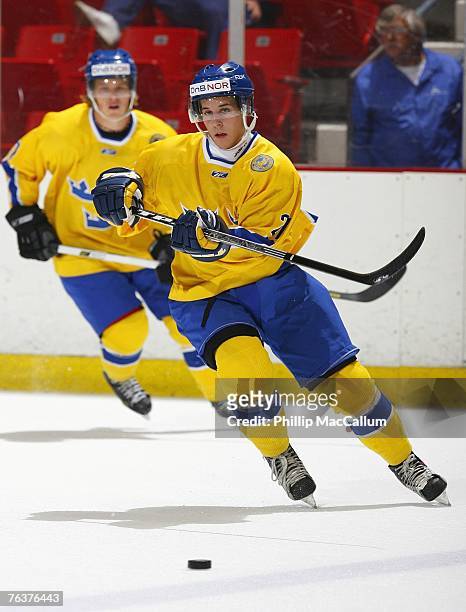Mario Kempe of Team Sweden skates against Team USA Blue during an exhibition game on August 8, 2007 at the 1980 Rink Herb Brooks Arena in Lake...