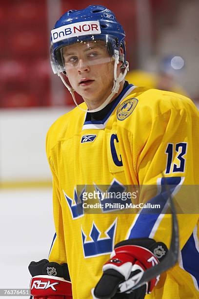 Fredric Andersson of Team Sweden looks on during a break in exhibition game action against Team USA Blue on August 8, 2007 at the 1980 Rink Herb...