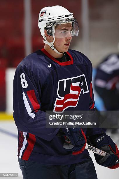 Ryan McDonagh of Team USA Blue skates against Team Sweden during an exhibition game on August 8, 2007 at the 1980 Rink Herb Brooks Arena in Lake...