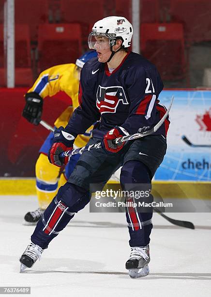 James vanRiemsdyk of Team USA Blue skates against Team Sweden during an exhibition game on August 8, 2007 at the 1980 Rink Herb Brooks Arena in Lake...
