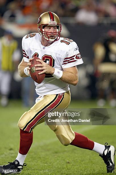 Quarterback Trent Dilfer of the San Francisco 49ers drops back to pass during the game against the Chicago Bears on August 25, 2007 at Soldier Field...