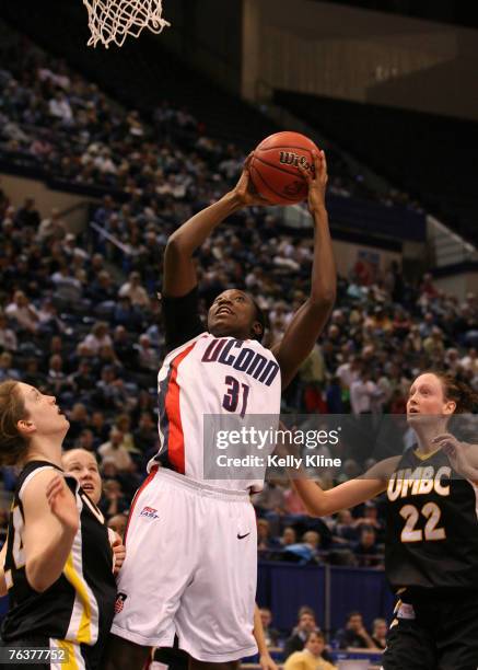 UConn's Tina Charles going up strong for a short jumper in UMBC's first ever NCAA tournament appearance at the Hartford Civic Center in Hartford,...