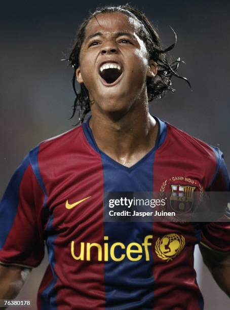 Giovani Dos Santos of Barcelona celebrates his goal during the Gamper Trophy match between Barcelona and Inter Milan at the Nou Camp Stadium on...