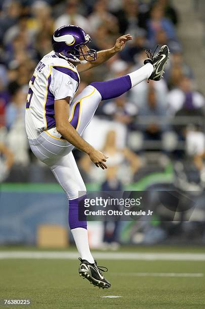 Chris Kluwe of the Minnesota Vikings punts the ball during the game against the Seattle Seahawks at Qwest Field on August 25, 2007 in Seattle,...
