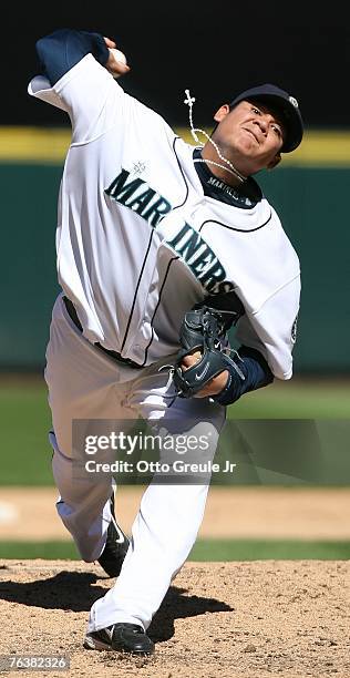 Starting pitcher Felix Hernandez of the Seattle Mariners pitches against the Los Angeles Angels of Anaheim at Safeco Field August 29, 2007 in...