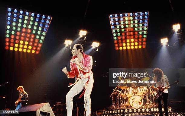 Freddie Mercury center, John Deacon, Roger Taylor, and Brian May of Queen, 1982 Tour