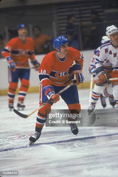 Canadian ice hockey player Mario Tremblay of the Montreal Canadiens skates on the ice during a game against the New York Rangers, March 1981.