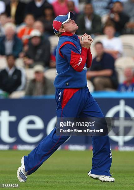 Ian Bell of England catches Sourav Ganguly of India out during the Fourth NatWest Series One Day International Match between England and India at Old...