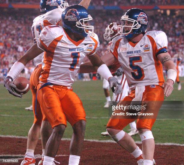 Jerard Rabb and Jared Zabransky of Boise State celebrate after Rabb's score during their win over Oklahoma in the 2006 Fiesta Bowl at Universtity of...