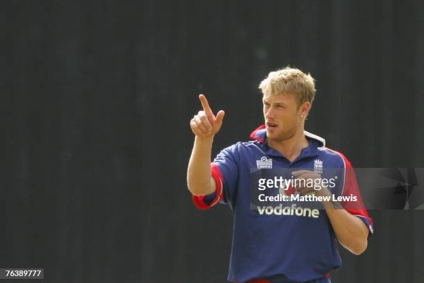 Andrew Flintoff of England gestures during the Fourth NatWest Series One Day International Match between England and India at Old Trafford on August...