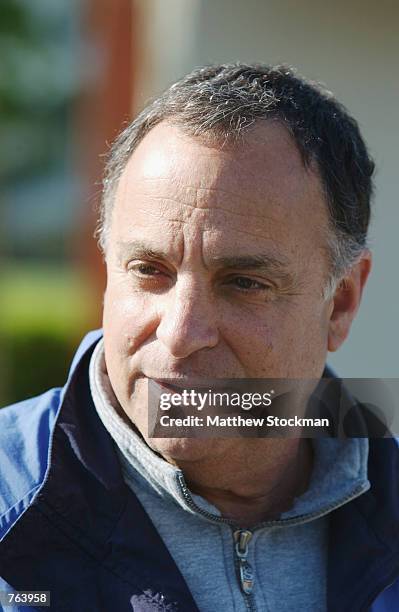 Bobby Frankel, trainer of Medaglia d'Oro, fields questions after morning workouts in preparation for the 128th Kentucky Derby at Churchill Downs on...