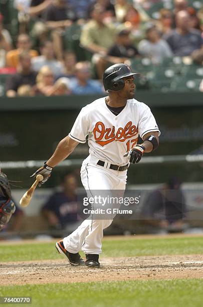 Corey Patterson of the Baltimore Orioles bats against the Minnesota Twins at Camden Yards August 26, 2007 in Baltimore, Maryland.