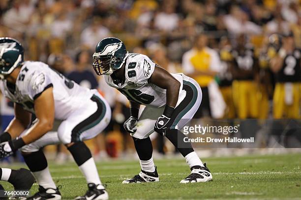 Linebacker Omar Gaither of the Philadelphia Eagles lines up on defense during the game against the Pittsburgh Steelers on August 26, 2007 at Heinz...