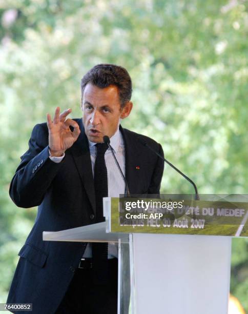 French President Nicolas Sarkozy addresses the summer congress of the MEDEF employers' federation 30 August 2007 taking place at the campus of the...