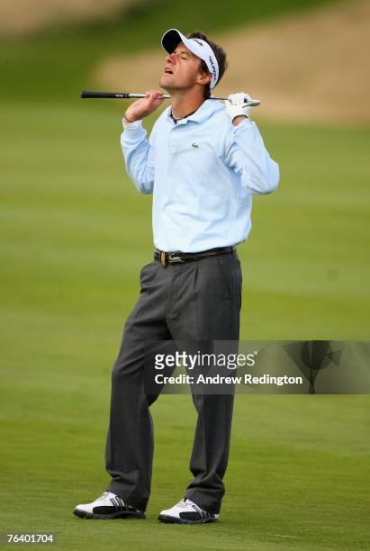 Jean-Francois Lucquin of France shows his frustration on the second hole during the first round of The Johnnie Walker Championship on The PGA...
