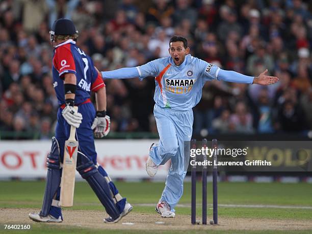 Ajit Agarkar of India celebrates bowling Ian Bell of England during the Fourth NatWest Series One Day International Match between England and India...