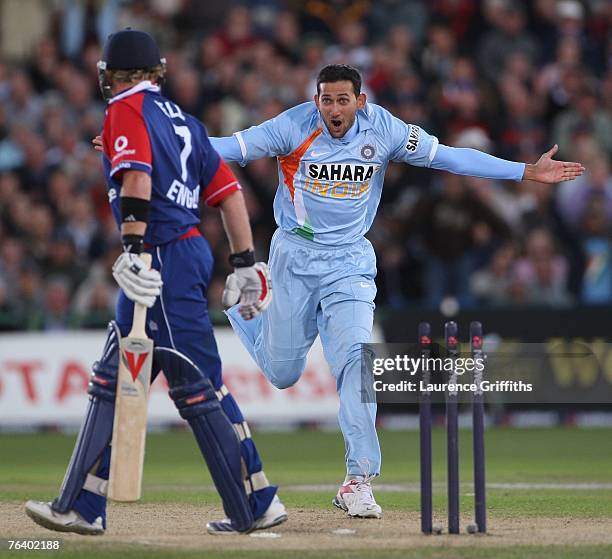 Ajit Agarkar of India celebrates bowling Ian Bell of England during the Fourth NatWest Series One Day International Match between England and India...