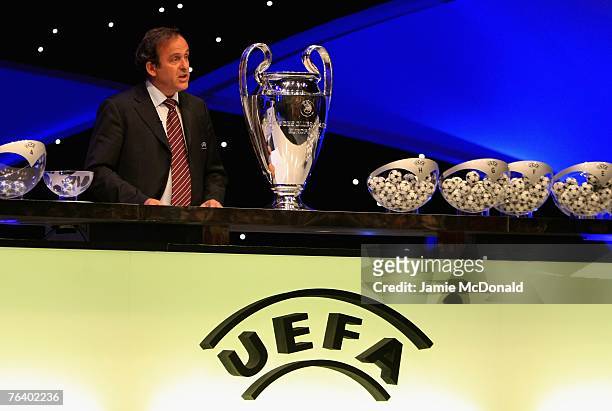 President Michel Platini addresses the auditorium during the UEFA Champions League Draw at the Grimaldi Forum on August 30, 2007 in Monte Carlo.