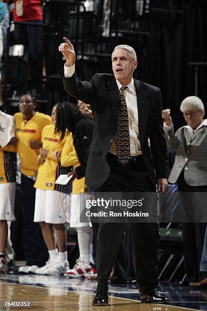 Head Coach Brian Winters of the Indiana Fever calls a play against the Connecticut Sun in Game Three of the Eastern Conference Semifinals during the...