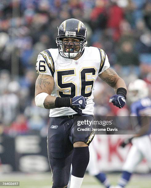 San Diego Chargers' defensive end Shawne Merriman reacts after his pressure on Buffalo Bills quarterback J.P. Losman lead to a first quarter...