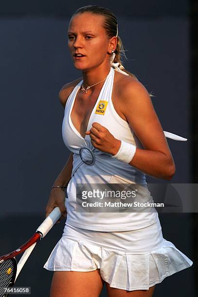Agnes Szavay of Hungary celebrates a point against Michaella Krajicek of the Netherlands during day four of the 2007 U.S. Open at the Billie Jean...