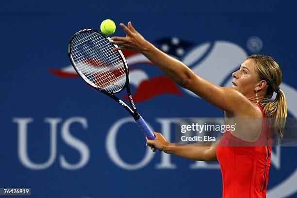 Maria Sharapova of Russia serves against Casey Dellacqua of Australia during day four of the 2007 U.S. Open at the Billie Jean King National Tennis...