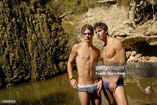 Janice Dickinson Modeling Agency Models Grant Whitney Harvey and Brian Kehoe pose at photo shoot in Griffith Park on August 25, 2007 in Los Angeles,...