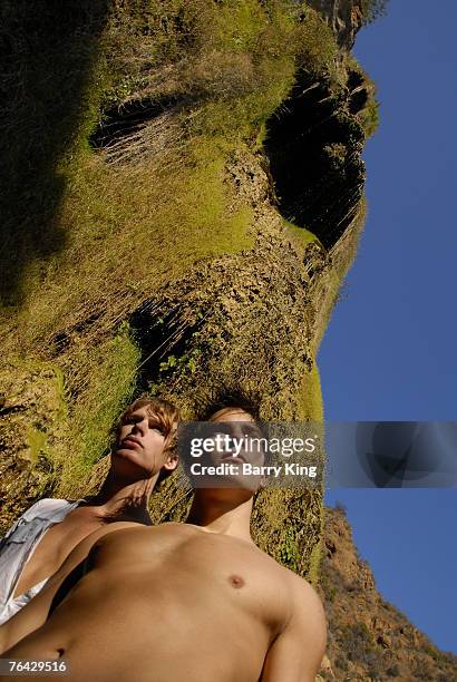 Janice Dickinson Modeling Agency Models Grant Whitney Harvey and Brian Kehoe pose at photo shoot in Griffith Park on August 25, 2007 in Los Angeles,...