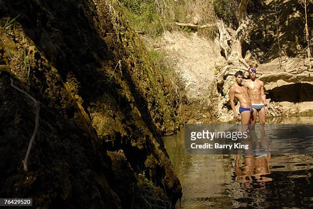 Janice Dickinson Modeling Agency Models Brian Kehoe and Grant Whitney Harvey pose at photo shoot in Griffith Park on August 25, 2007 in Los Angeles,...