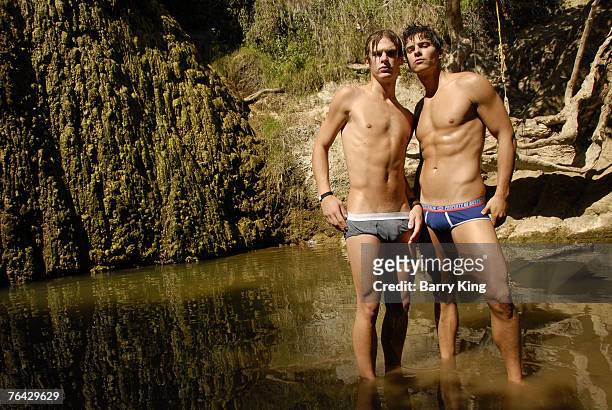 Janice Dickinson Modeling Agency Models Grant Whitney Harvey and Brian Kehoe pose at photo shoot in Griffith Park on August 25, 2007 in Los Angeles,...