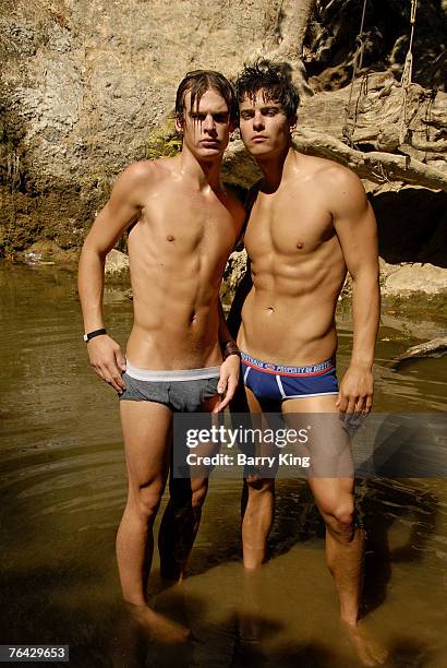 Janice Dickinson Modeling Agency Models Grant Whitney Harvey and Brian Kehoe pose at photo shoot in Griffith Park on August 25, 2007 in Los Angeles,...