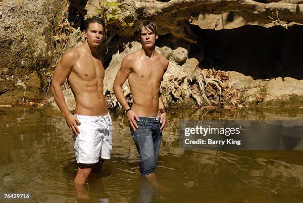 Janice Dickinson Modeling Agency Models Brian Kehoe and Grant Whitney Harvey pose at photo shoot in Griffith Park on August 25, 2007 in Los Angeles,...