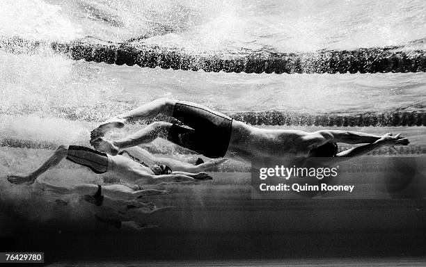 Athletes compete in the heats of the men's 50m backstroke during day three of the 2007 Australian Short Course Swimming Championships at the...