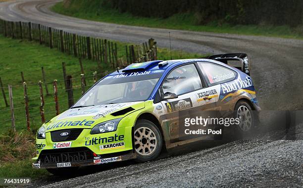 Marcus Gronholm and co-driver Timo Rautiainen drive their Ford Focus RS WRC 06 during leg one of the Rally of New Zealand at Pirongia West on August...
