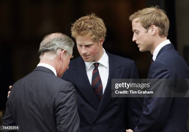 Prince William and Prince Harry with their father Prince Charles, Prince of Wales at the 10th Anniversary Memorial Service For Diana, Princess of...
