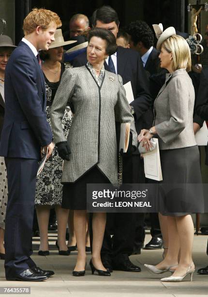 Britain's Princess Anne speaks with Prince Harry and Sophie Wessex as they leave the Service of Thanksgiving for the life of Diana, Princess of...