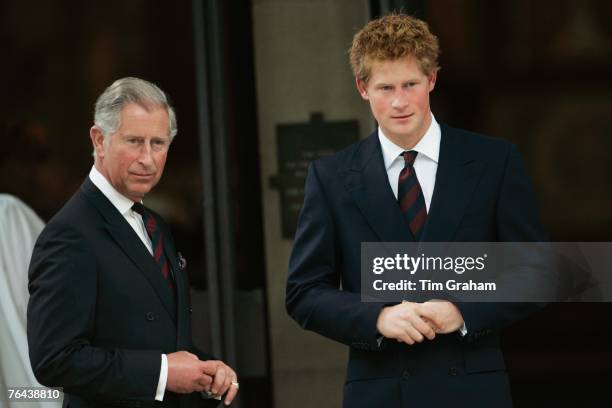 Prince Harry with his father Prince Charles, Prince of Wales at the 10th Anniversary Memorial Service For Diana, Princess of Wales at Guards Chapel...