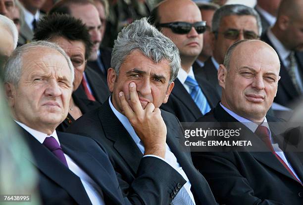 Kosovo President Fatmir Sejdiu , French Defence Minister Herve Morin and Kosovo Prime Minister Agim Ceku attend a KFOR change of command ceremony 31...
