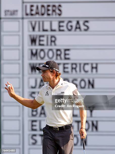 Camilo Villegas of Columbia birdies the 18th hole during the first round of Deutsche Bank Championship, the second event of the new PGA TOUR Playoffs...