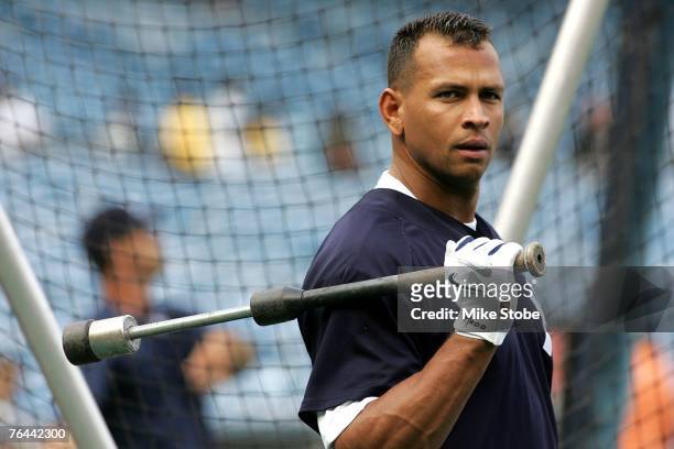 Alex Rodriguez of the New York Yankees warms up prior to their game against the Tampa Bay Devil Rays at Yankee Stadium on August 31, 2007 in the...