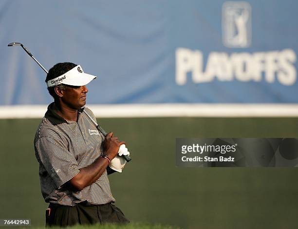 Vijay Singh at the 18th at the 18th green during the first round of the Deutsche Bank Championship at TPC Boston on August 31, 2007 in Norton,...