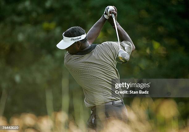 Vijay Singh hits from the 15th tee box during the first round of the Deutsche Bank Championship at TPC Boston on August 31, 2007 in Norton,...