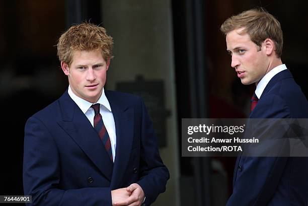 Prince Harry and Prince William attend the Service to celebrate the life of Diana, Princess of Wales at the Guards Chapel on August 31, 2007 in...