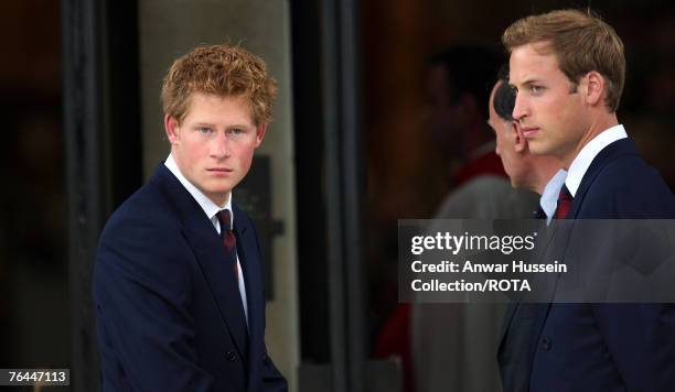 Prince Harry and Prince William attend the Service to celebrate the life of Diana, Princess of Wales at the Guards Chapel on August 31, 2007 in...