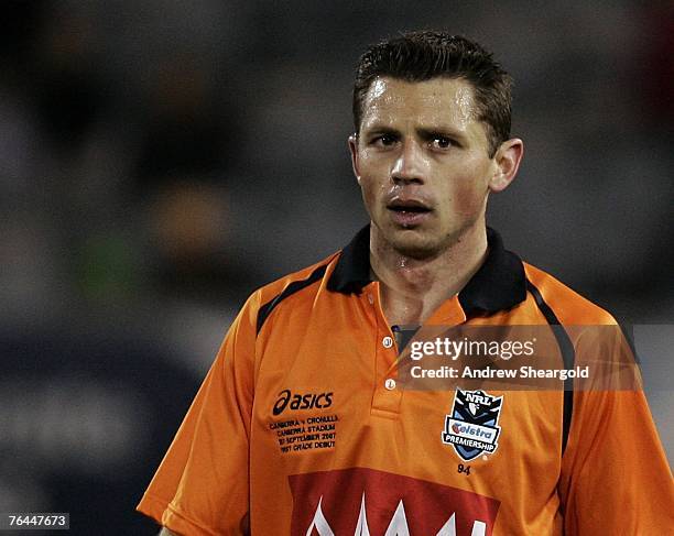 Bernard Sutton looks on as he referees his first NRL game during the round 25 NRL match between the Canberra Raiders and the Cronulla-Sutherland...