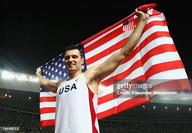 Brad Walker of the United States of America celebrates winning the Men's Pole Vault Final on day eight of the 11th IAAF World Athletics Championships...