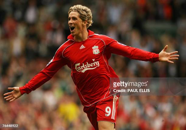 Liverpool's Fernando Torres celebrates scoring against Derby County during their English Premiership football match at Anfield, Liverpool, north-west...