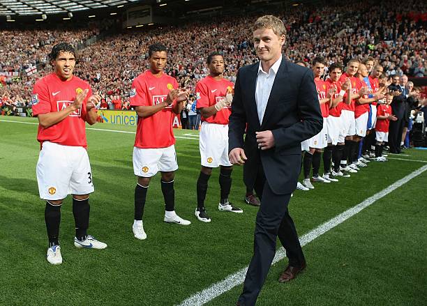 Ole Gunnar Solskjaer of Manchester United says farewell to the United fans after announcing his retirement ahead of the Barclays FA Premier League...