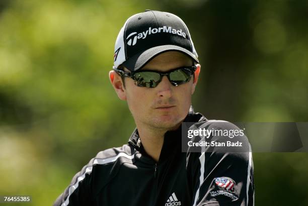 Justin Rose looks on at the 18th tee box during second round of the Deutsche Bank Championship, the second event of the new PGA TOUR Playoffs for the...